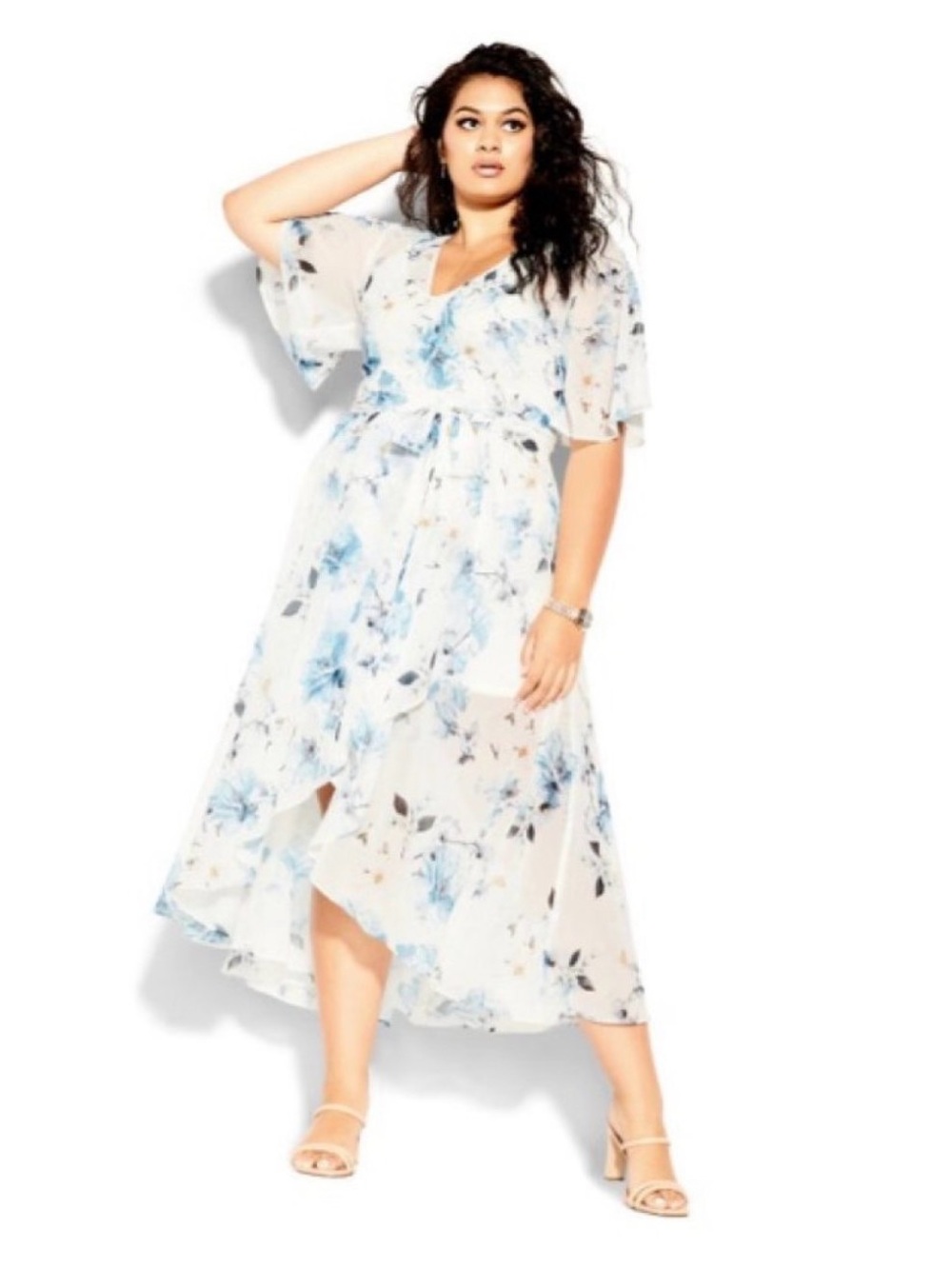 City Chic shy orchid White and Blue Floral High-Low Wrap Dress 18W NWT